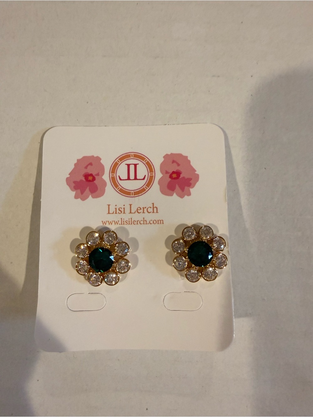 Emerald & Clear Crystal Flower Stud Earrings - Gold NWT!